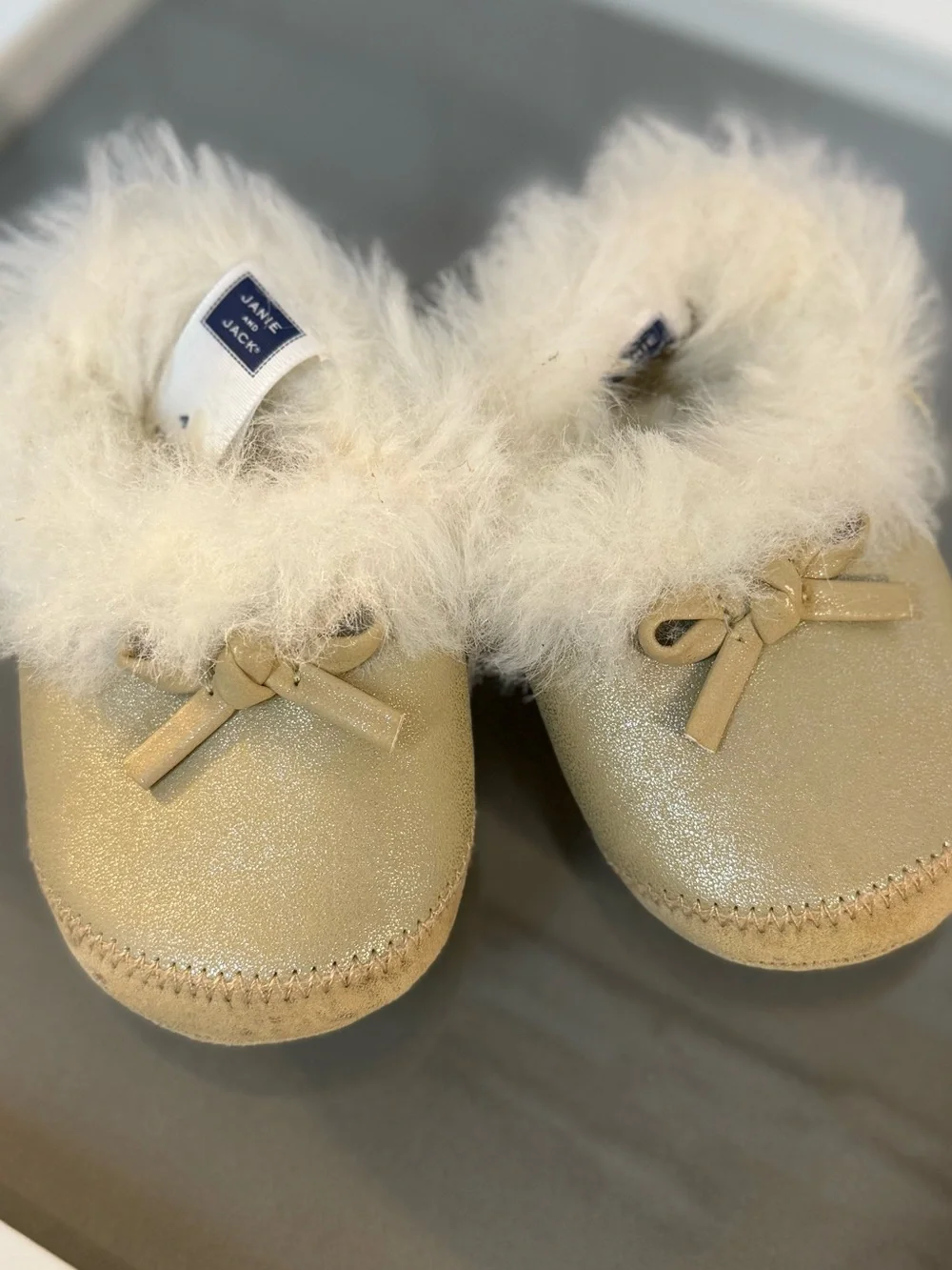 Janie and Jack Cream Faux-Fur Trim Slip-On Moccasin Slippers